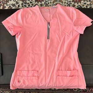 Women's Short Sleeve Scrub Pink Top with Zip